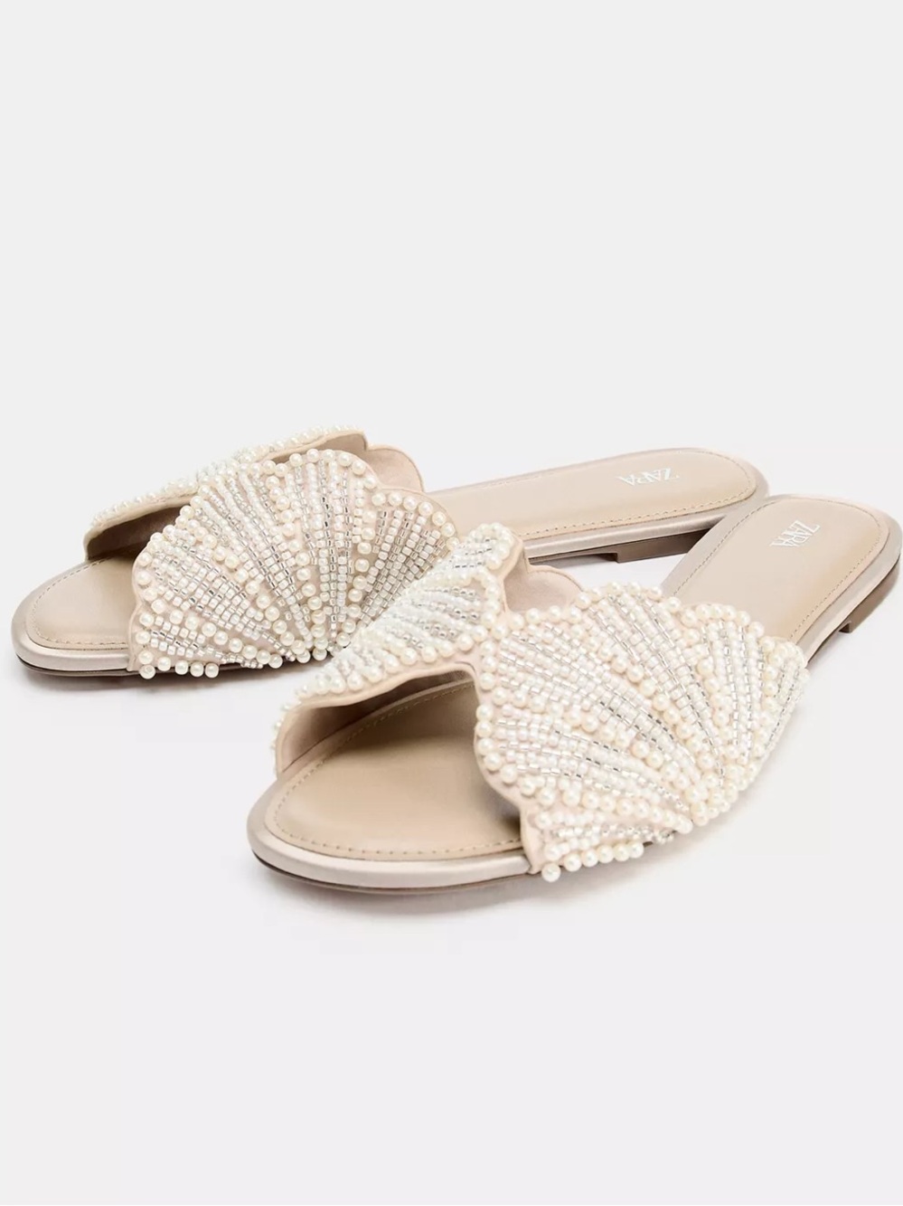 NWT ZARA | Pearl-Embellished Shell Slide Mules in Ivory | Bridal Flats